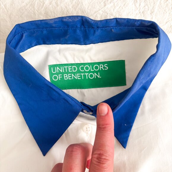 United Colors of Benetton Color Block Button Down Shirt XS White Blue Red Long S - Picture 4 of 4